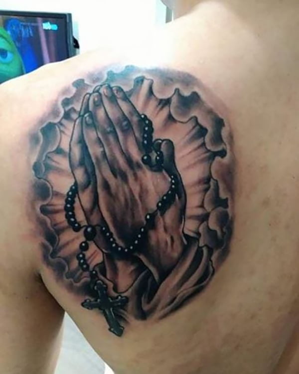 Bursting Prayer Hands with Beads Faith Tattoos