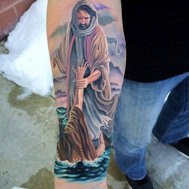 Jesus Walking On Water Colored Faith Tattoos