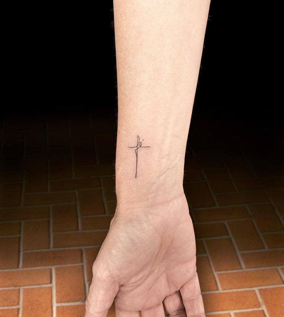 Dainty Line Cursive Cross Tattoo Body Art Faith Tattoos