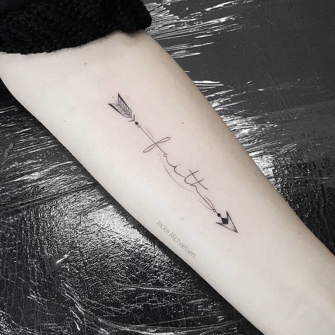 Small Faith Through Arrow Forearm Tattoo