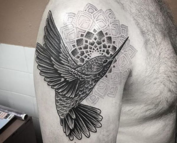 Hummingbird Chakra with Symmetrical Flower Shoulder Tattoo