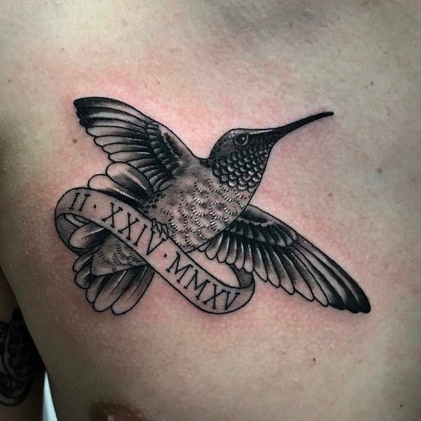Cartoon-Style Simple Hummingbird Tattoos Clutching a Scroll
