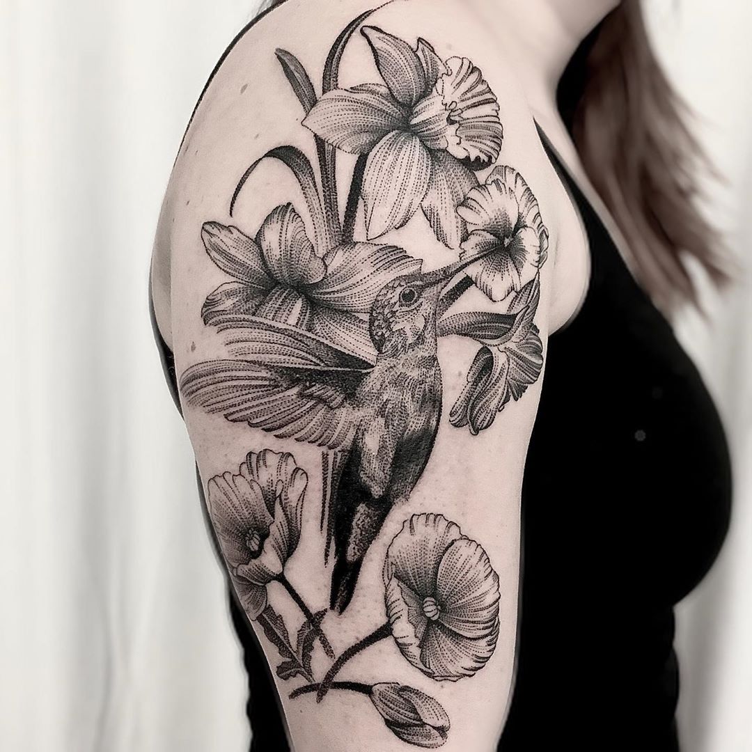 Black and White Daffodils and Hummingbird Tattoo