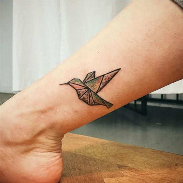 Iridescent Origami Hummingbird Tattoos on Ankle from Tattoo Artist