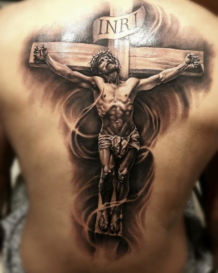 Cross Tattoo Ideas: Powerful Tattoo of Jesus on the Cross in Vintage Brown, tribal cross tattoo, cross chest tattoo