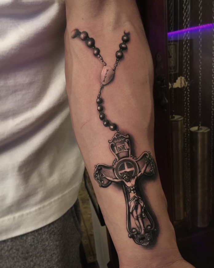 Cross Tattoo Ideas: 3D Rosary and Jesus Portrait Cross Tattoo, tribal cross tattoo