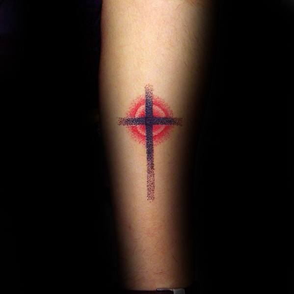Simple Faded Small Cross Tattoo with a Red Circular Background, Cross Tattoos