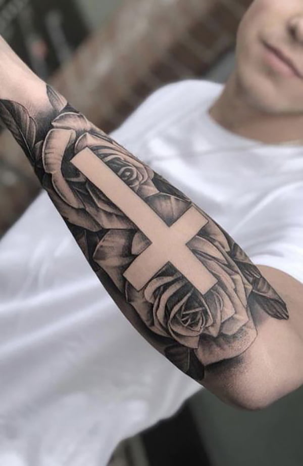 Cross Neck Tattoo, Blank Small Cross Tattoo Outline with Floral Background, Cross Tattoos