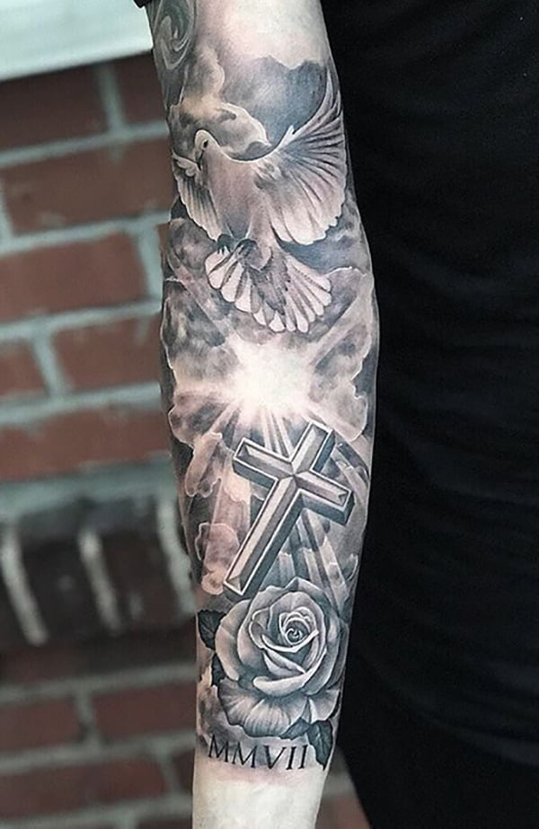 3D Cross Tattoo in the Sky with Roses and a Dove, Cross Tattoos