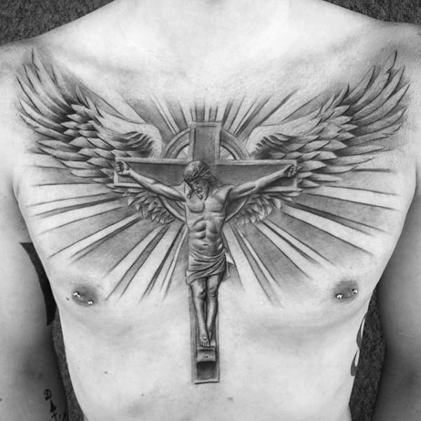 Grey Crucifix on a Celtic Cross Tattoo with Wings, Cross Tattoos