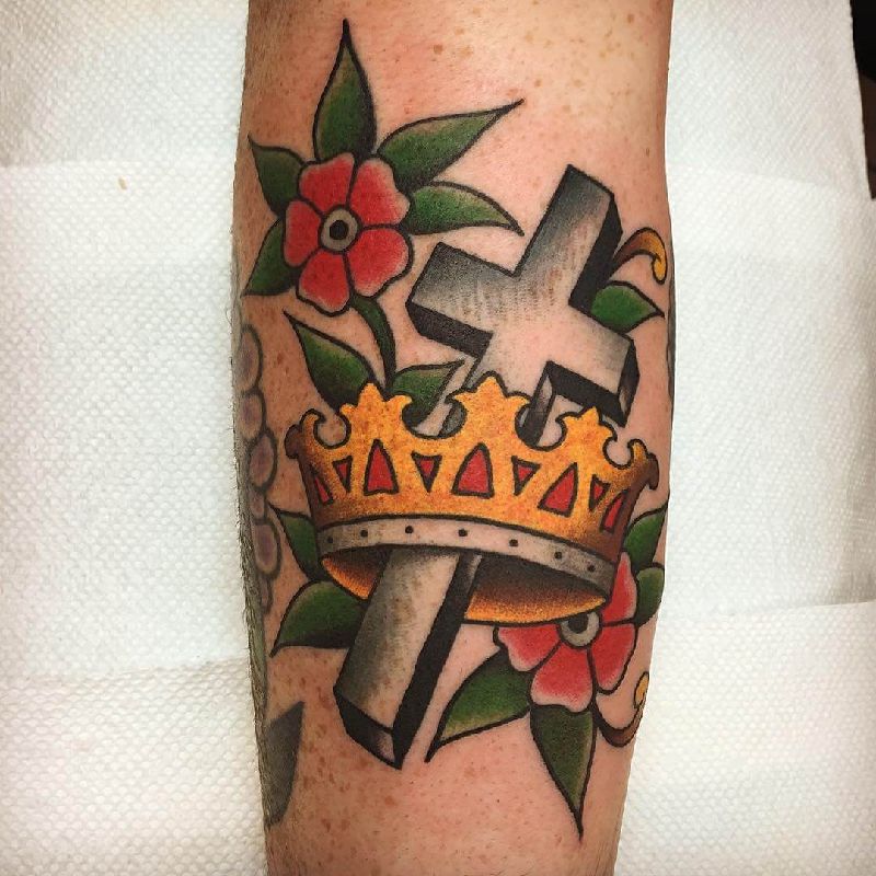 Colorful 3D Cross Tattoo with Flowers and a Crown, Cross Tattoos
