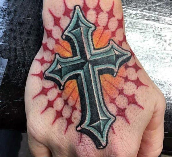 Bright Hand Tattoo with 3D Spanish Cross Tattoo, Cross Tattoos