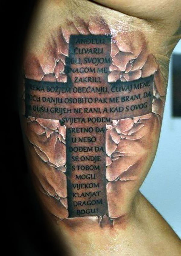 Andelu Cuvaru Small Cross Tattoo with Broken Rock Background, Cross Tattoos
