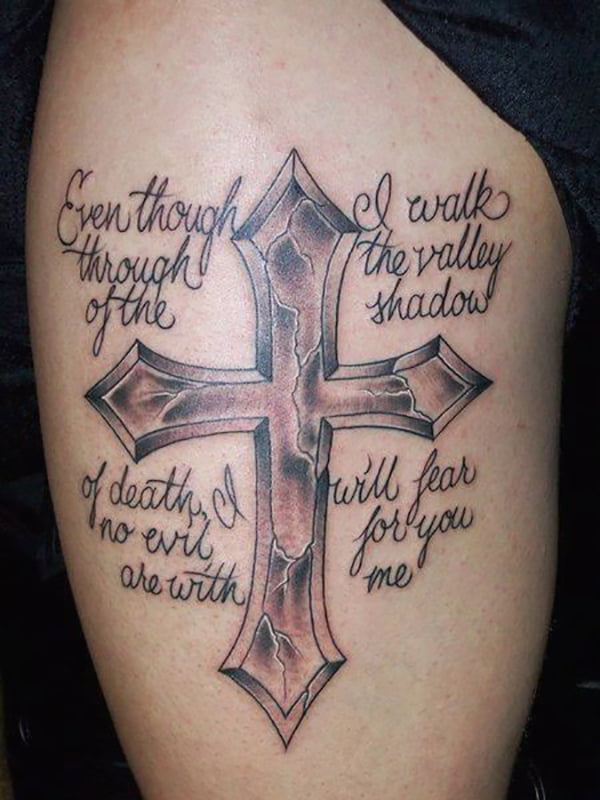 Cracked Pointed Small Cross Tattoo with a Bible Verse, Cross Tattoos