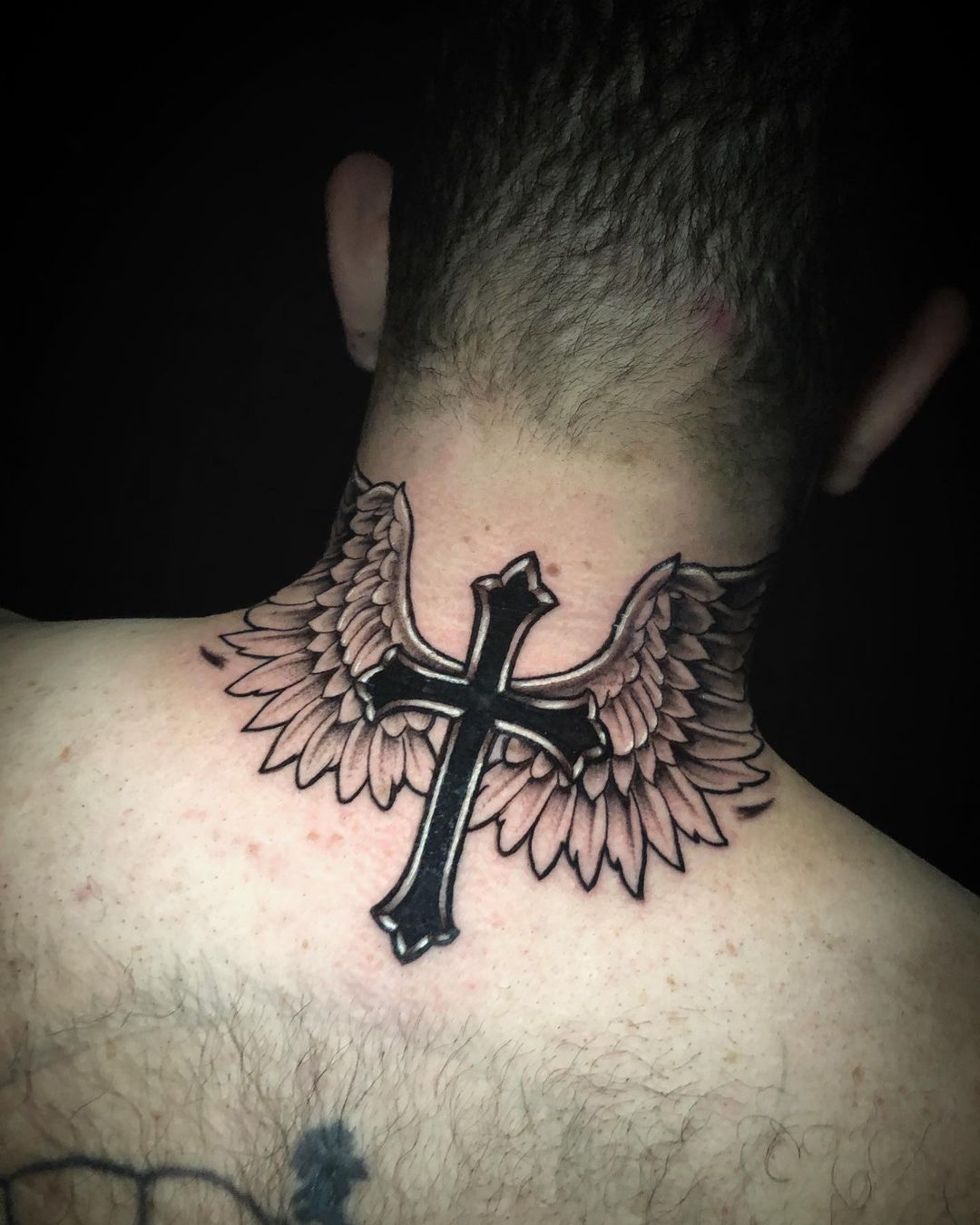 Cross Necklace Tattoo, Beautiful Black and Silver Cross Tattoo with Angel Wings, Cross Tattoos
