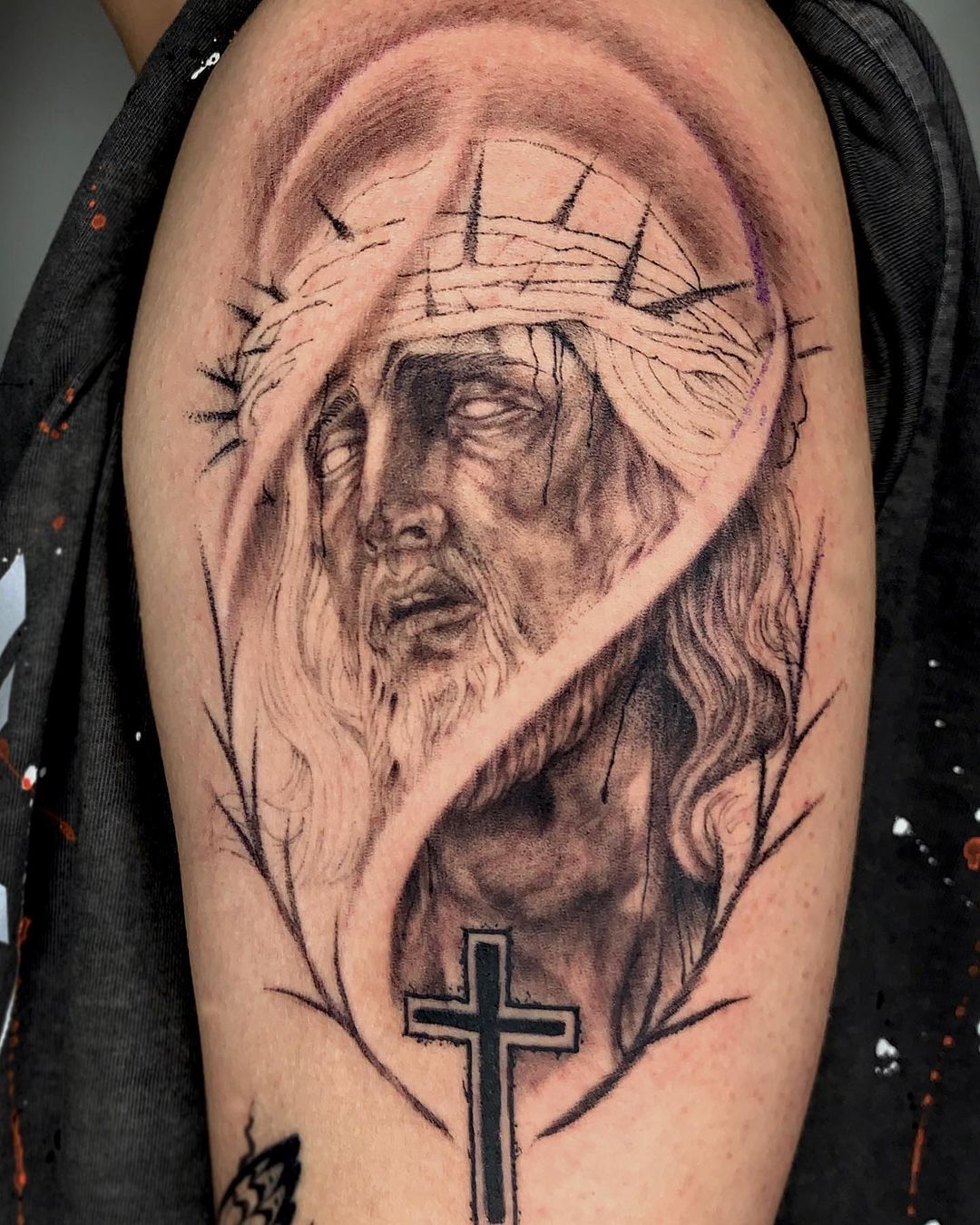 Portrait of Jesus Tattoo with 2D Cross Tattoo, Cross Tattoos