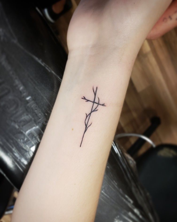 Simple and Elegant Branch Cross Wrist Cross Tattoo, Cross Tattoos, Cross Arm Tattoo