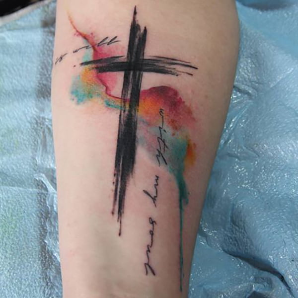 Artsy Paint Stroke Cross Tattoo with Watercolor Background, Cross Tattoos