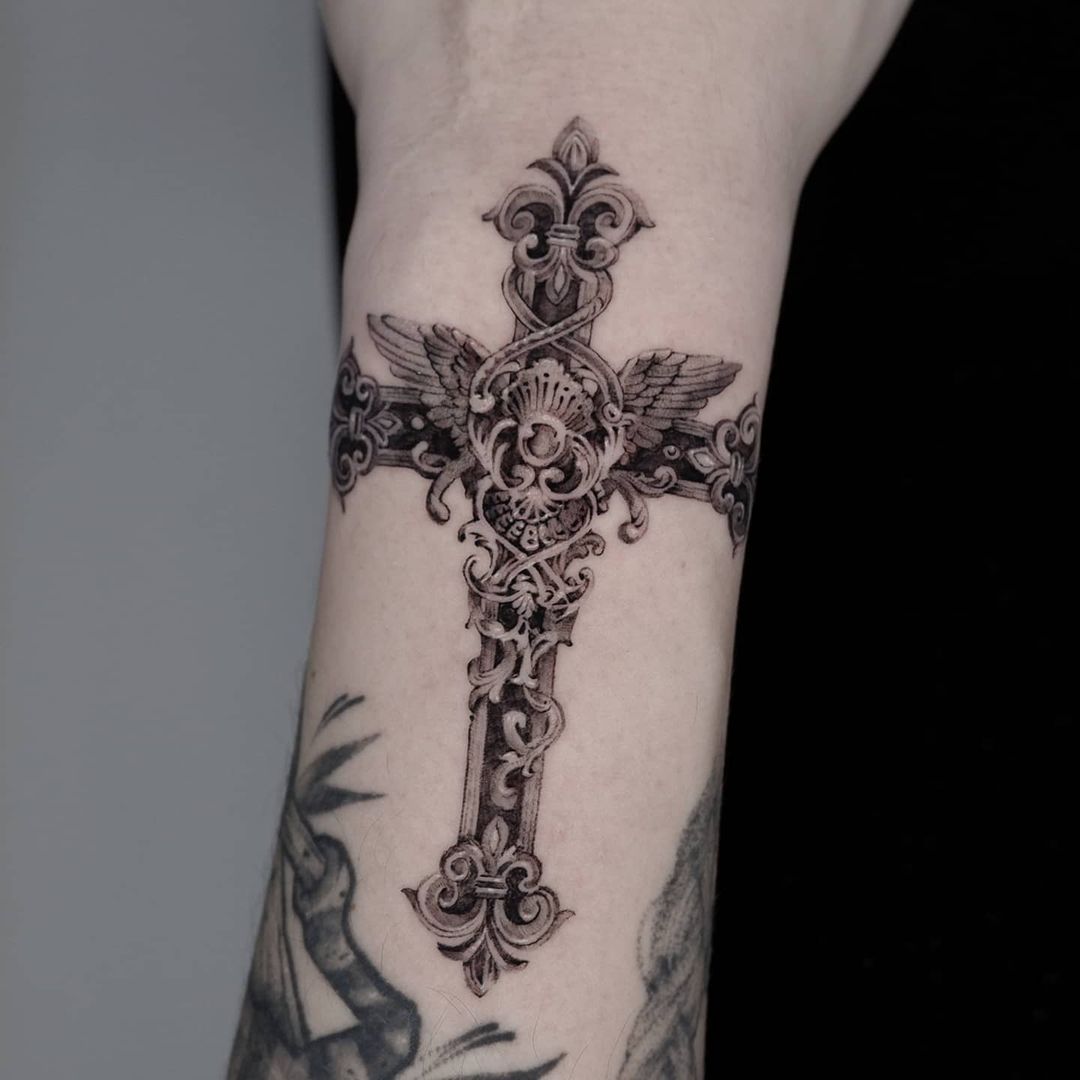 Elegant Fleur de Lis Cross Tattoo with Angel Wings, Cross Tattoos