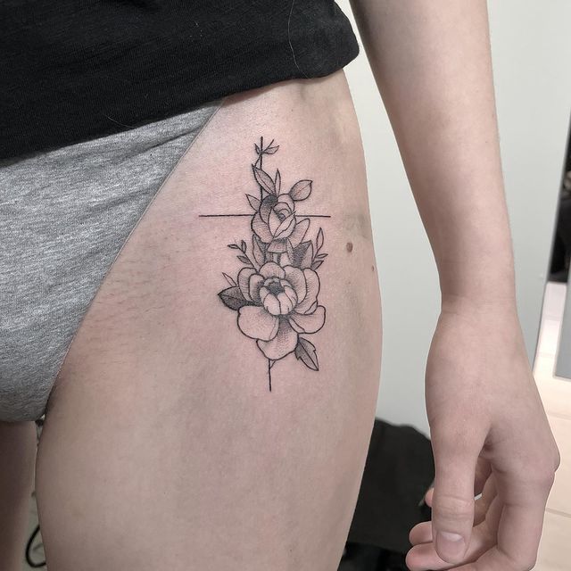 Thin Line Cross Tattoos with Big and Bold Flowers, Cross Tattoos