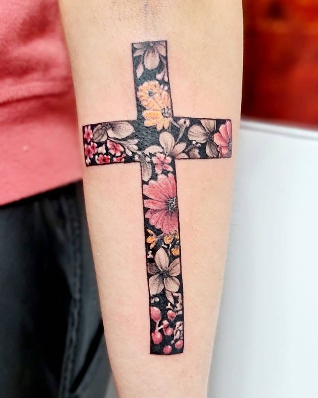 Black Forearm Cross Tattoos with Colorful Flowers, Cross Tattoos