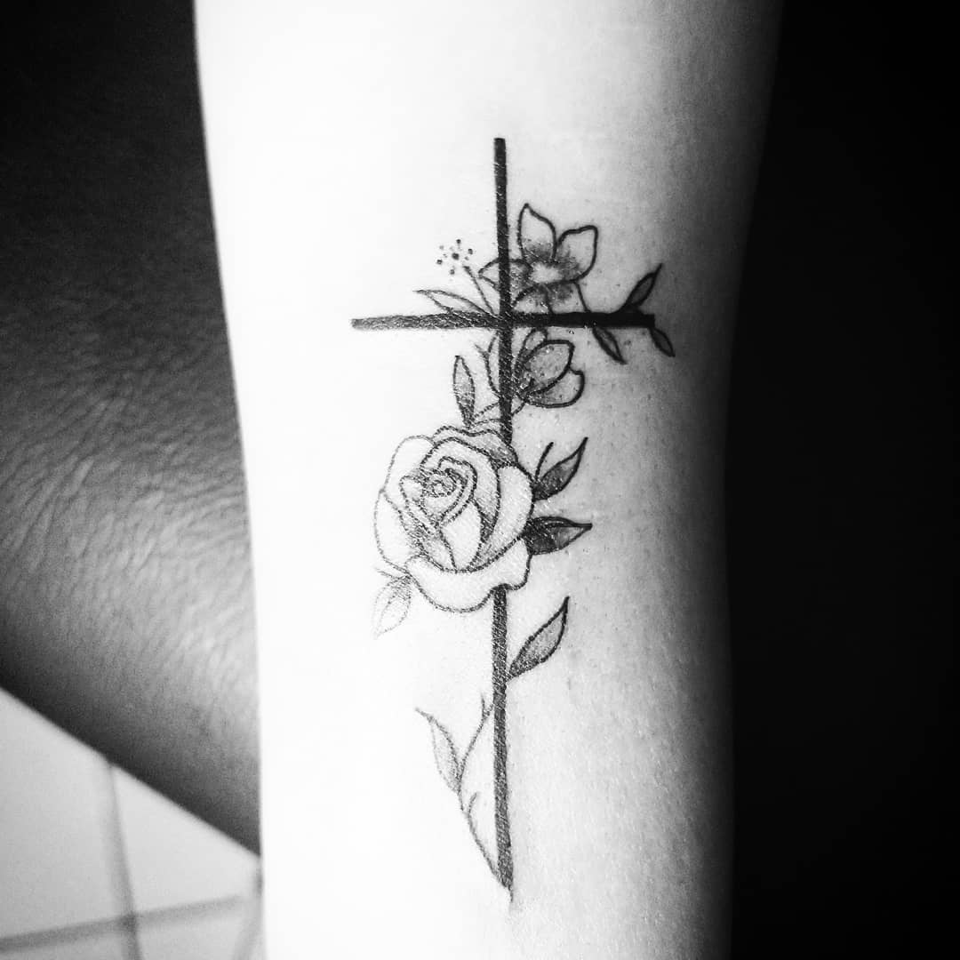 Black and White Simple Cross Tattoo with Flowers, Cross Tattoos