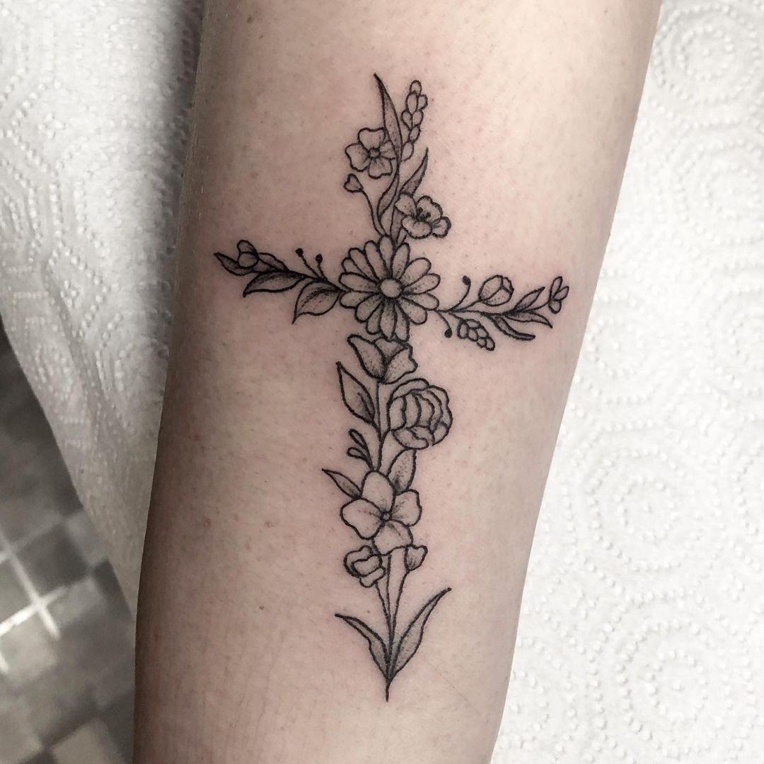 Jesus Cross Tattoo Made of Entirely Flowers, Cross Tattoos