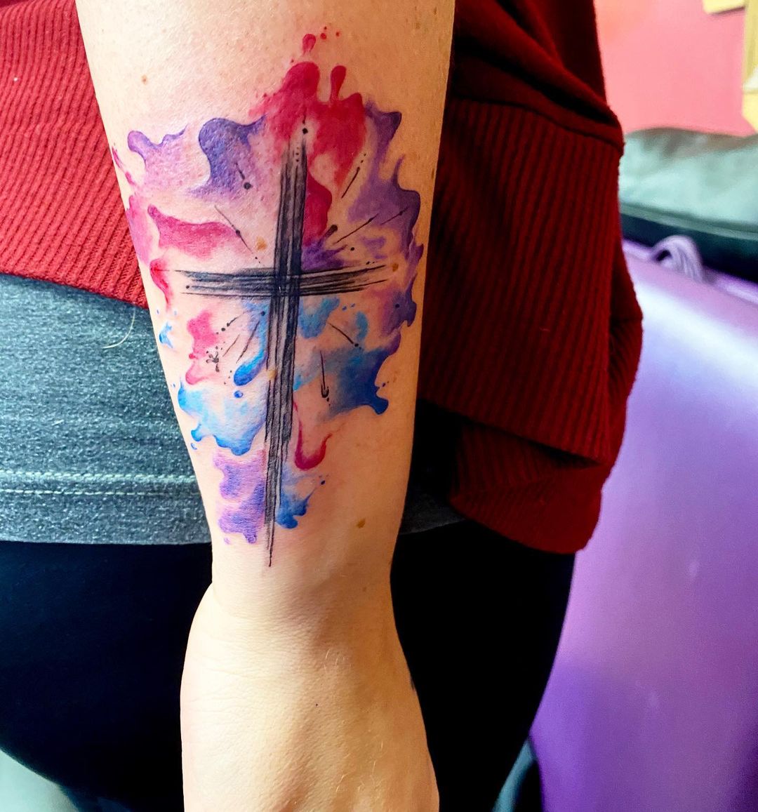 Simple Cross Tattoo Designs: Watercolor Blast with a Streaked Cross Tattoos