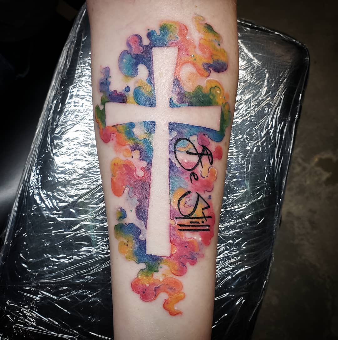 Cross Tattoo Design: Color Splashed Be Still Cross Tattoo, Cross Forearm Tattoo