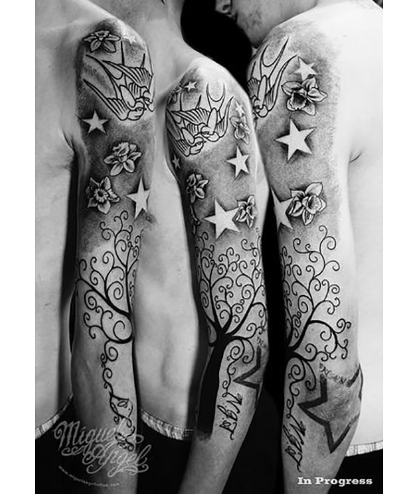 Sleeve with Star Tattoos, Birds, and a Tree