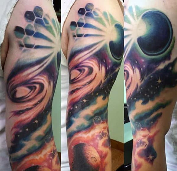 Colorful Outer Space Themed Sleeve North Star Tattoo Designs