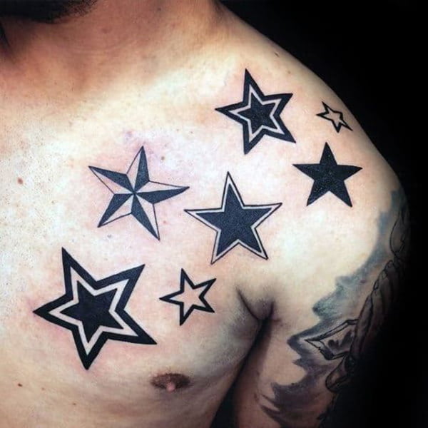 Tribal Star Tattoos on Shoulder and Pectoral