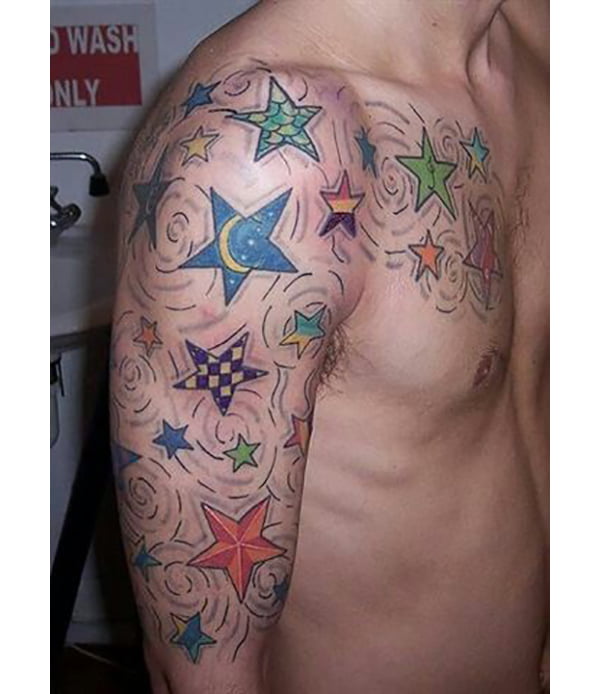 Colorful Patterned Star Tattoos Sleeve and Chest Piece