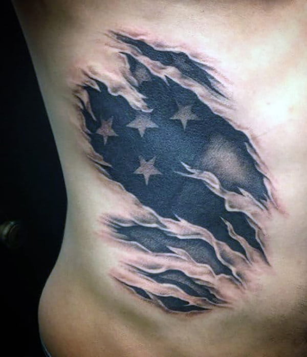 Torn Skin Reveals American Flag Star Tattoos