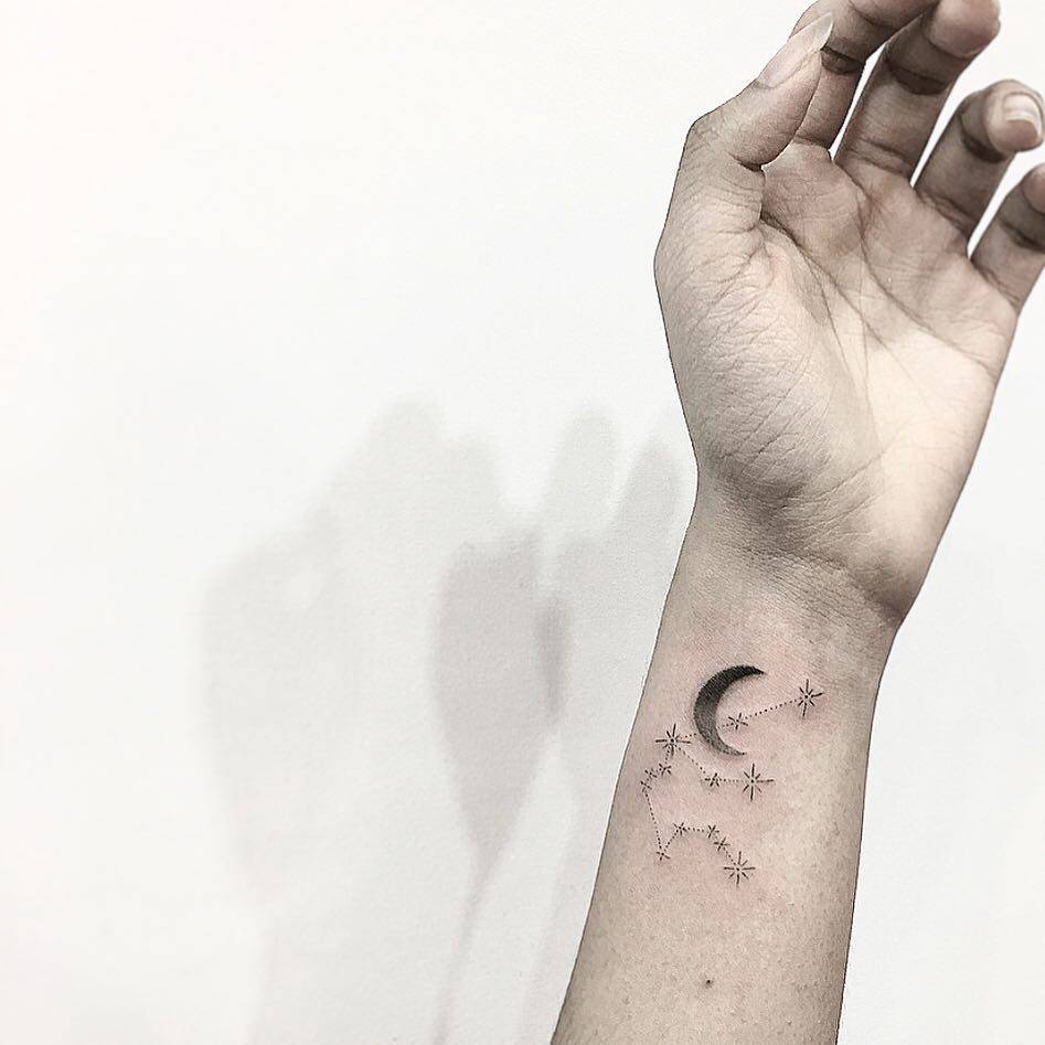 Moon and Constellation with Eight Pointed Star Tattoos