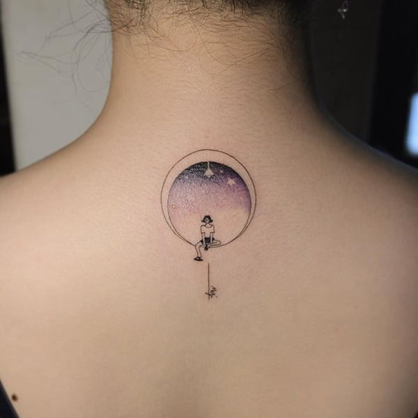 Crescent Moon with Night Sky and Woman Star Tattoos for Men and Women