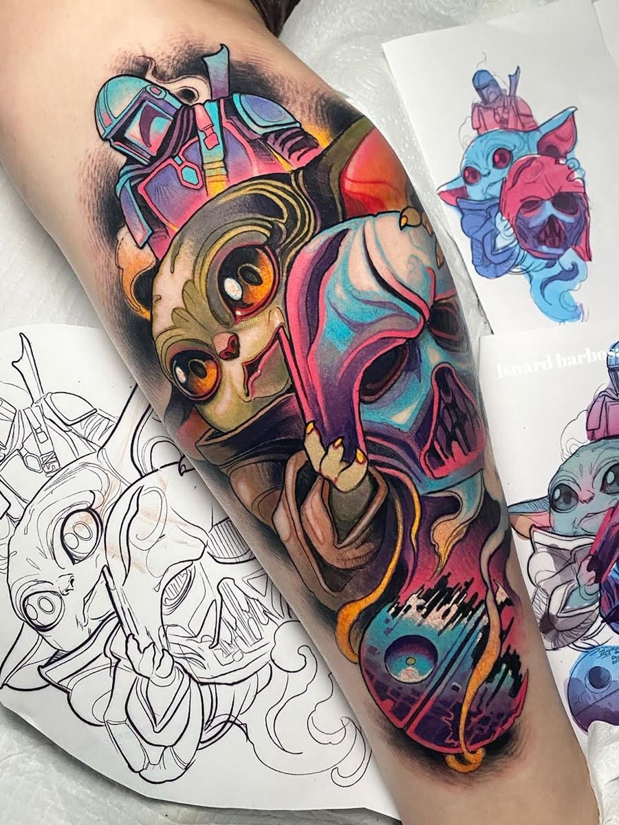 Colorful Grogu Star Wars Tattoos