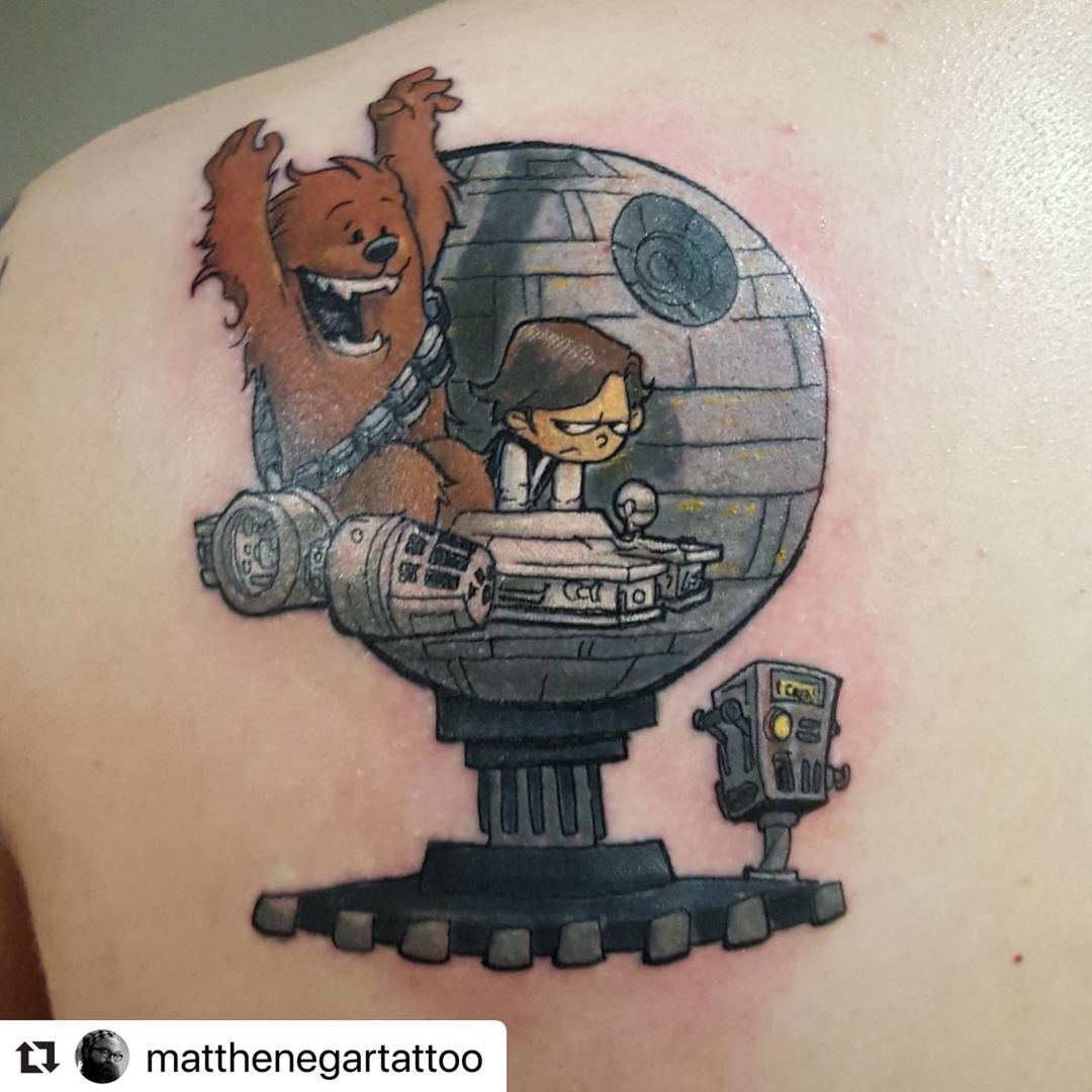 Cartoon Falcon and Death Star Tattoo