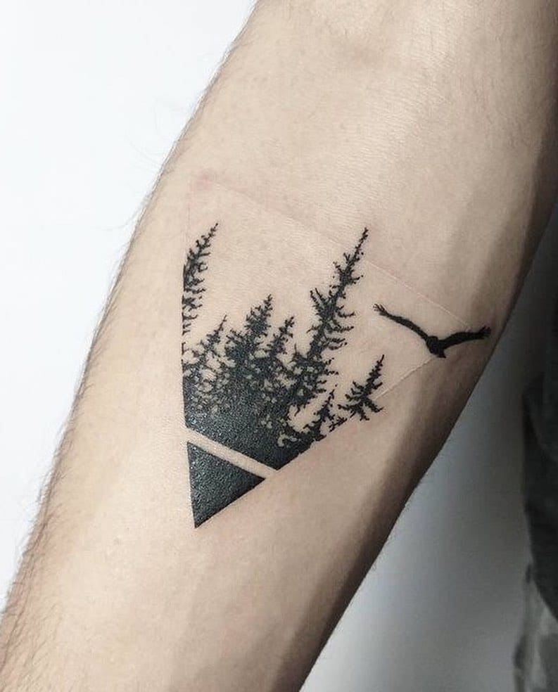 tree silhouette tattoo, Triangle Willow Tree Line Landscape Tree Tattoos