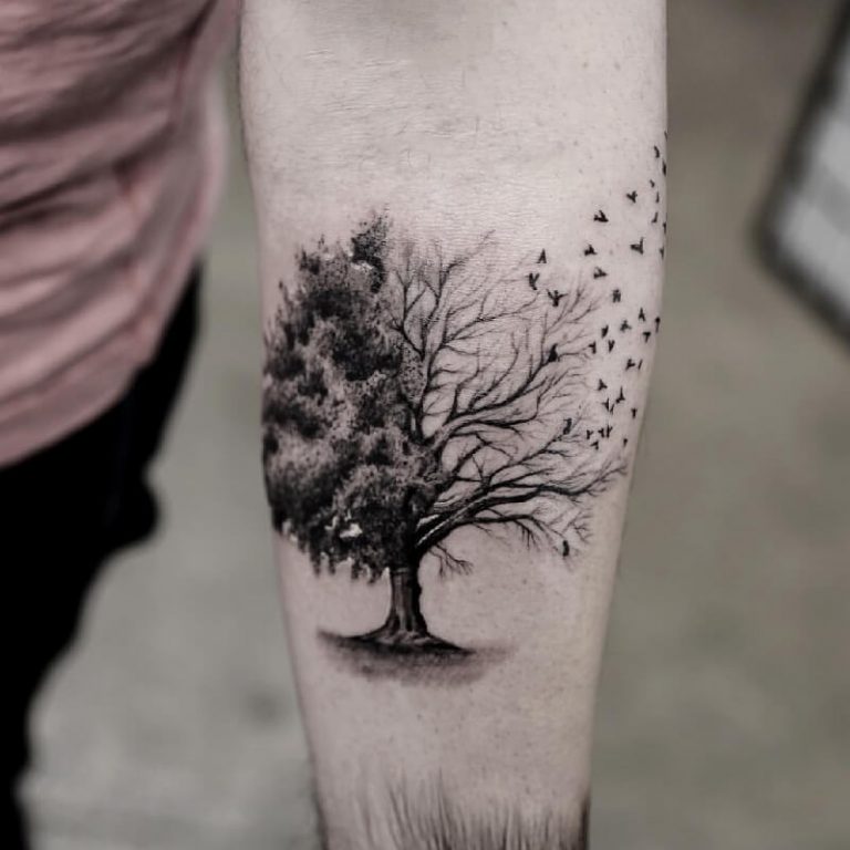 Surreal Willow Tree into Flock of Birds Tree Tattoos