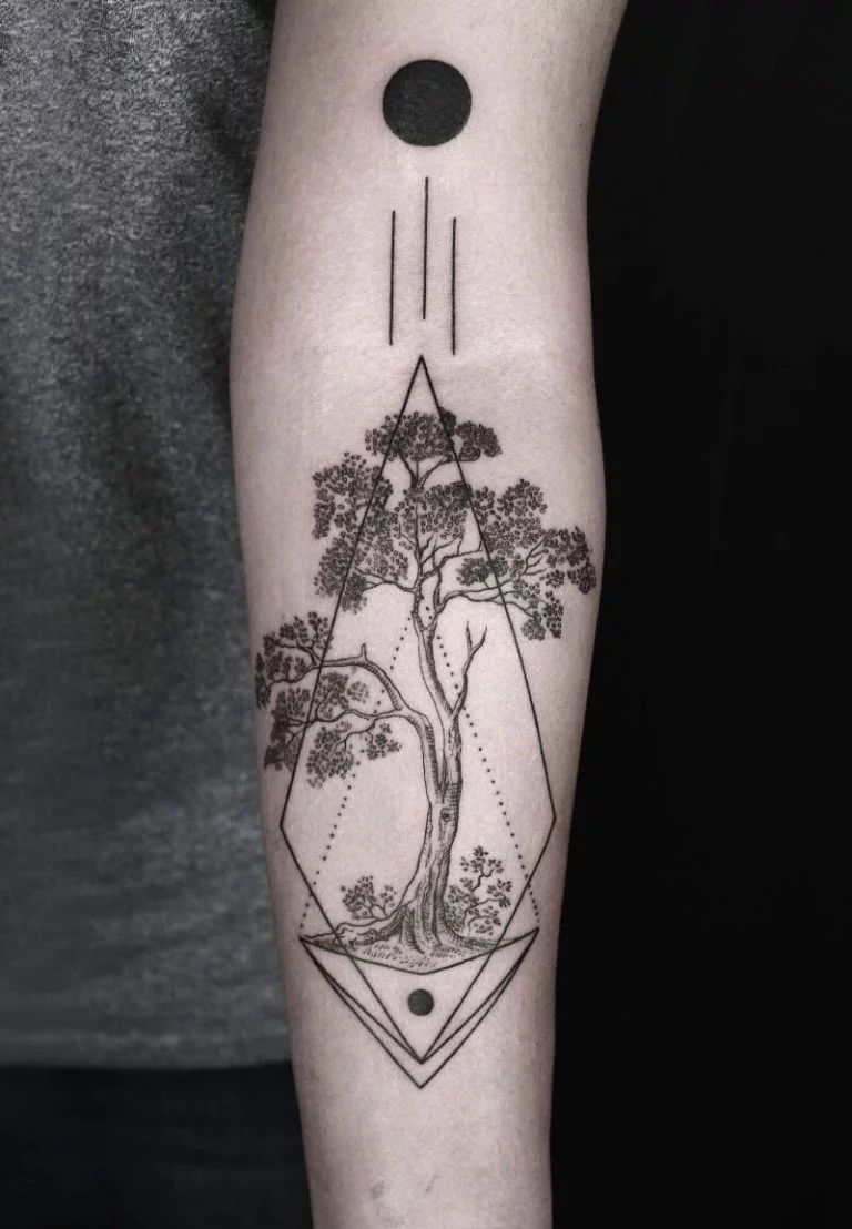 Freehand weeping willow tree tattoo on the shin