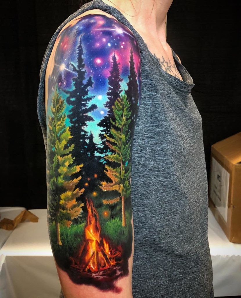 Full-Color Campfire Forest Fantasy Palm Tree Tattoo
