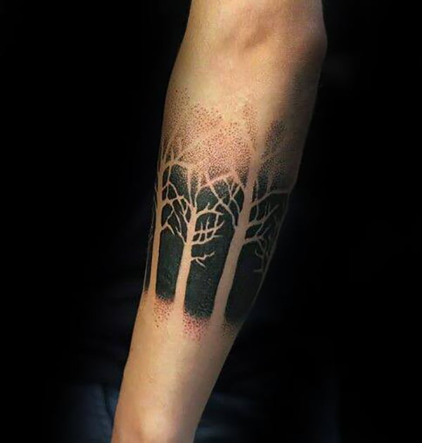 Negative Space Forearm Forest Tree Tattoo, palm tree tattoo