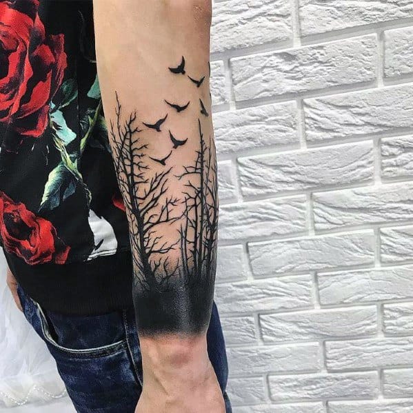 Crows Rise from Dark Woods Tree Tattoos