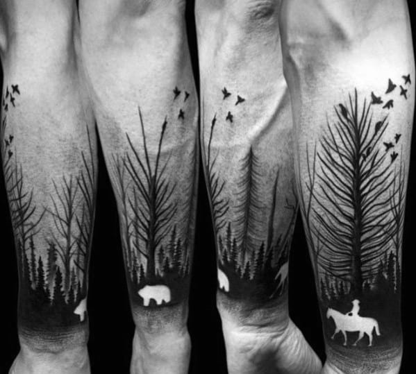 Forearm Totem Bear Negative Space Tree Tattoos, small tree tattoo