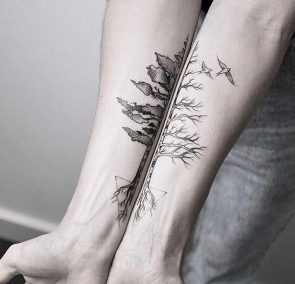 Winter and Summer Mirror Image Ink Beautiful Tree Tattoo