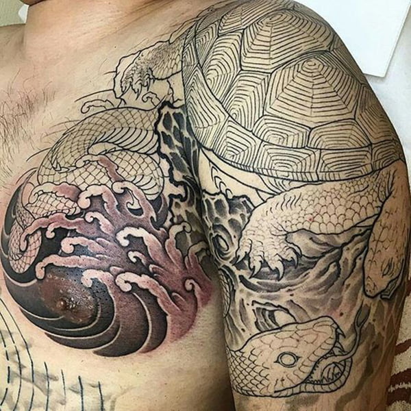 Tortoise and Snake Tattoo on Waves Turtle Tattoos
