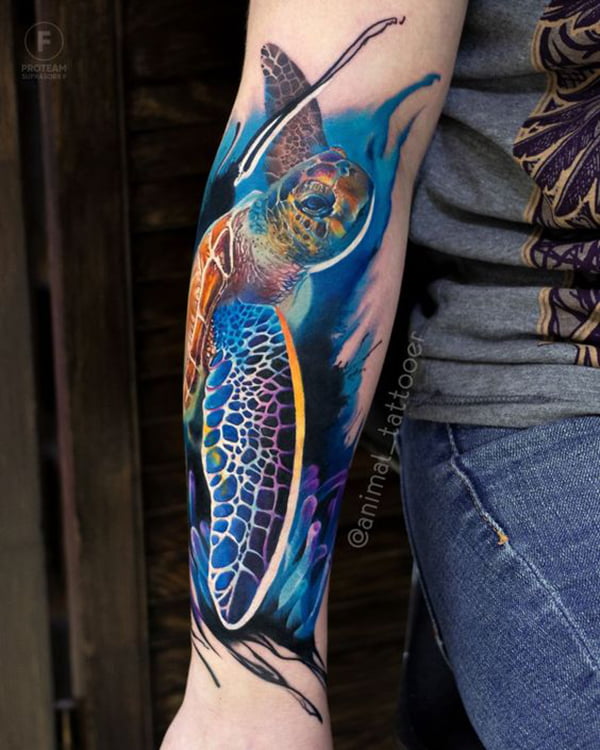 Green Sea Turtle with Sea Anemone Turtle Tattoos