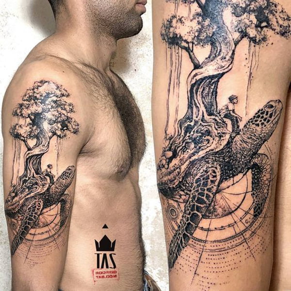Giant Sea Turtle with Tree on Shell Turtle Tattoos