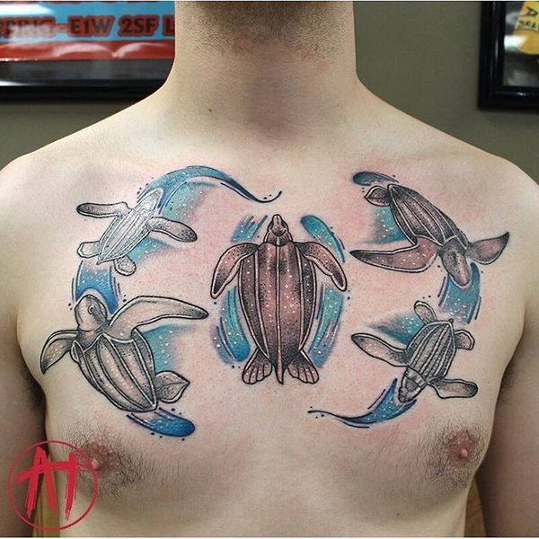 Five Swimming Leatherback Sea Turtles